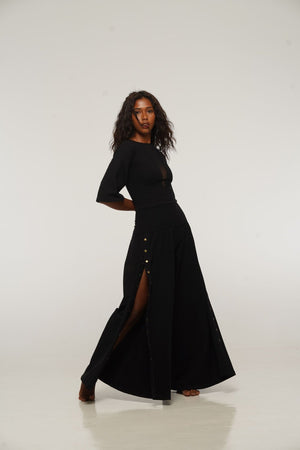 Asri Wide Leg Popper Pants in Black - Manners London