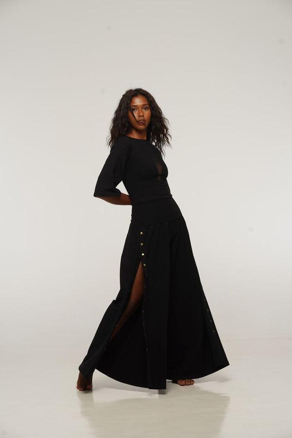 Asri Wide Leg Popper Pants in Black - Manners London