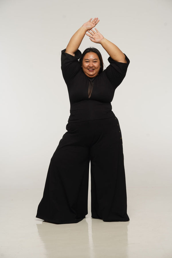 Asri Wide Leg Popper Pants in Black - Manners London