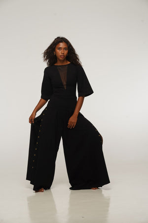 Asri Wide Leg Popper Pants in Black - Manners London