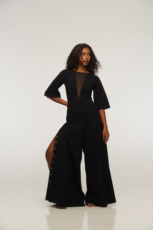 Asri Wide Leg Popper Pants in Black - Manners London