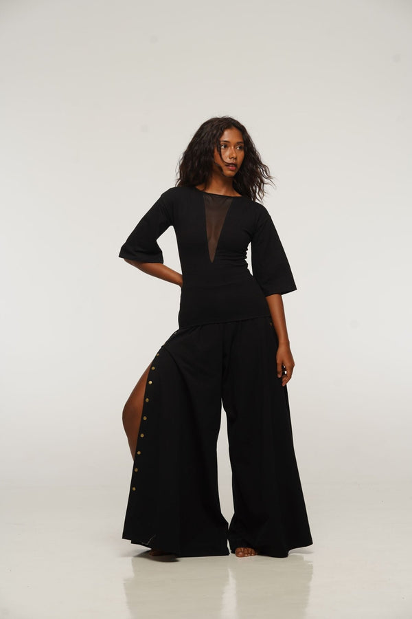 Asri Wide Leg Popper Pants in Black - Manners London