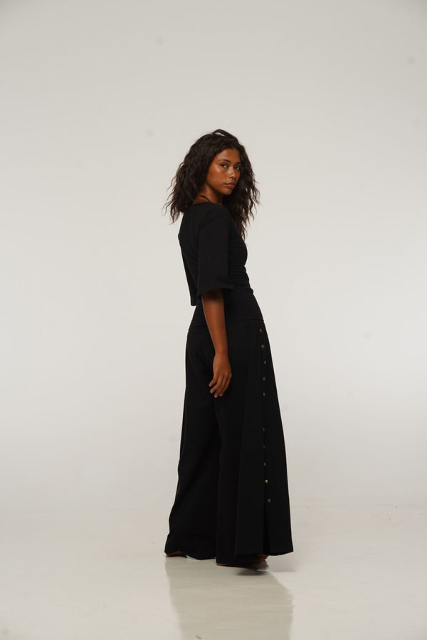 Asri Wide Leg Popper Pants in Black - Manners London