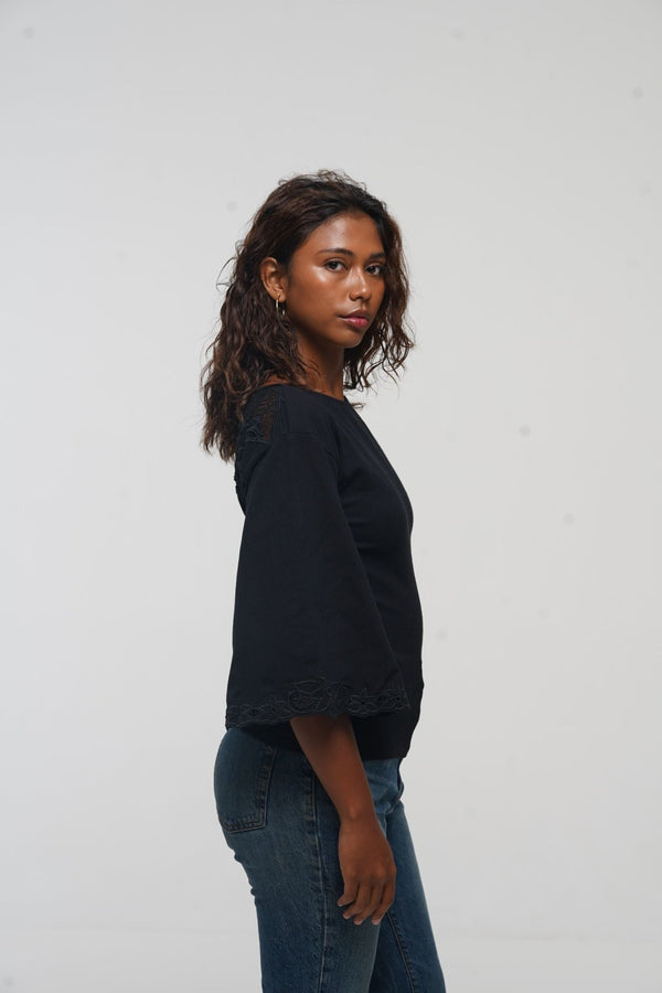 Balinese Lace Top flared sleeve in Black - Manners London