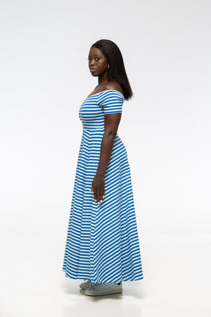 Bardot Dress Midi A - Line Regular (short sleeves) in Blue/Mint Stripe - Manners London