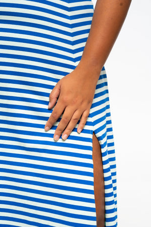 Bardot Dress Midi A - Line Regular (short sleeves) in Blue/Mint Stripe - Manners London