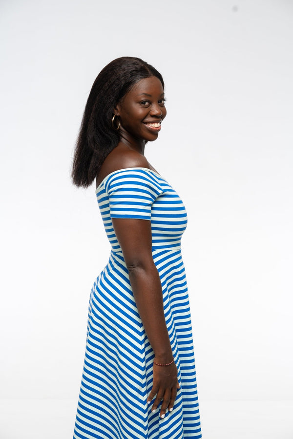 Bardot Dress Midi A - Line Regular (short sleeves) in Blue/Mint Stripe - Manners London