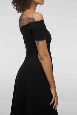 Bardot Dress Midi A - Line (short sleeves) in Black - Manners London