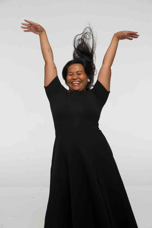 Bardot Dress Midi A - Line (short sleeves) in Black - Manners London