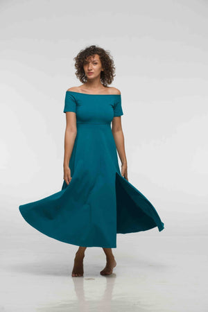 Bardot Dress Midi A - Line (short sleeves) in deep Turquoise - Manners London