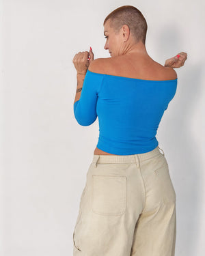 Bardot Mid Crop Top in Mediterranean Blue - Manners London