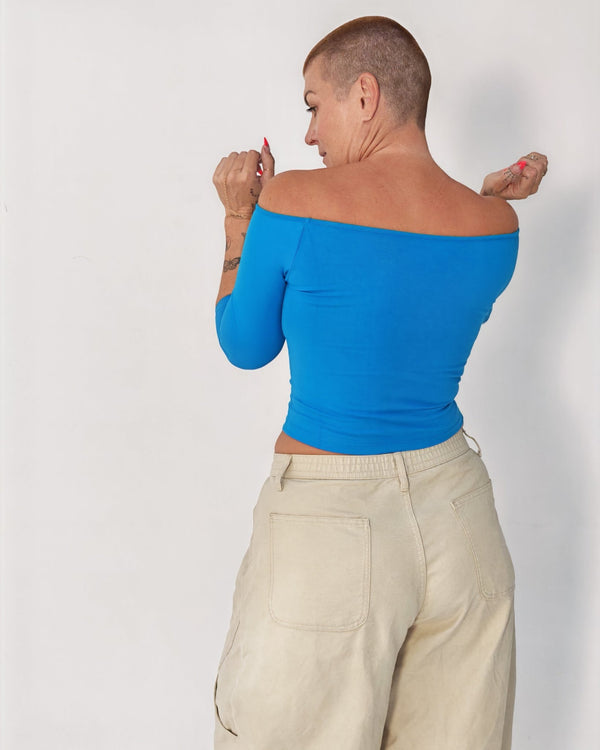 Bardot Mid Crop Top in Mediterranean Blue - Manners London