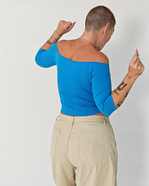 Bardot Mid Crop Top in Mediterranean Blue - Manners London
