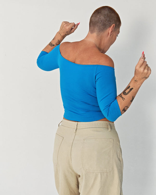 Bardot Mid Crop Top in Mediterranean Blue - Manners London