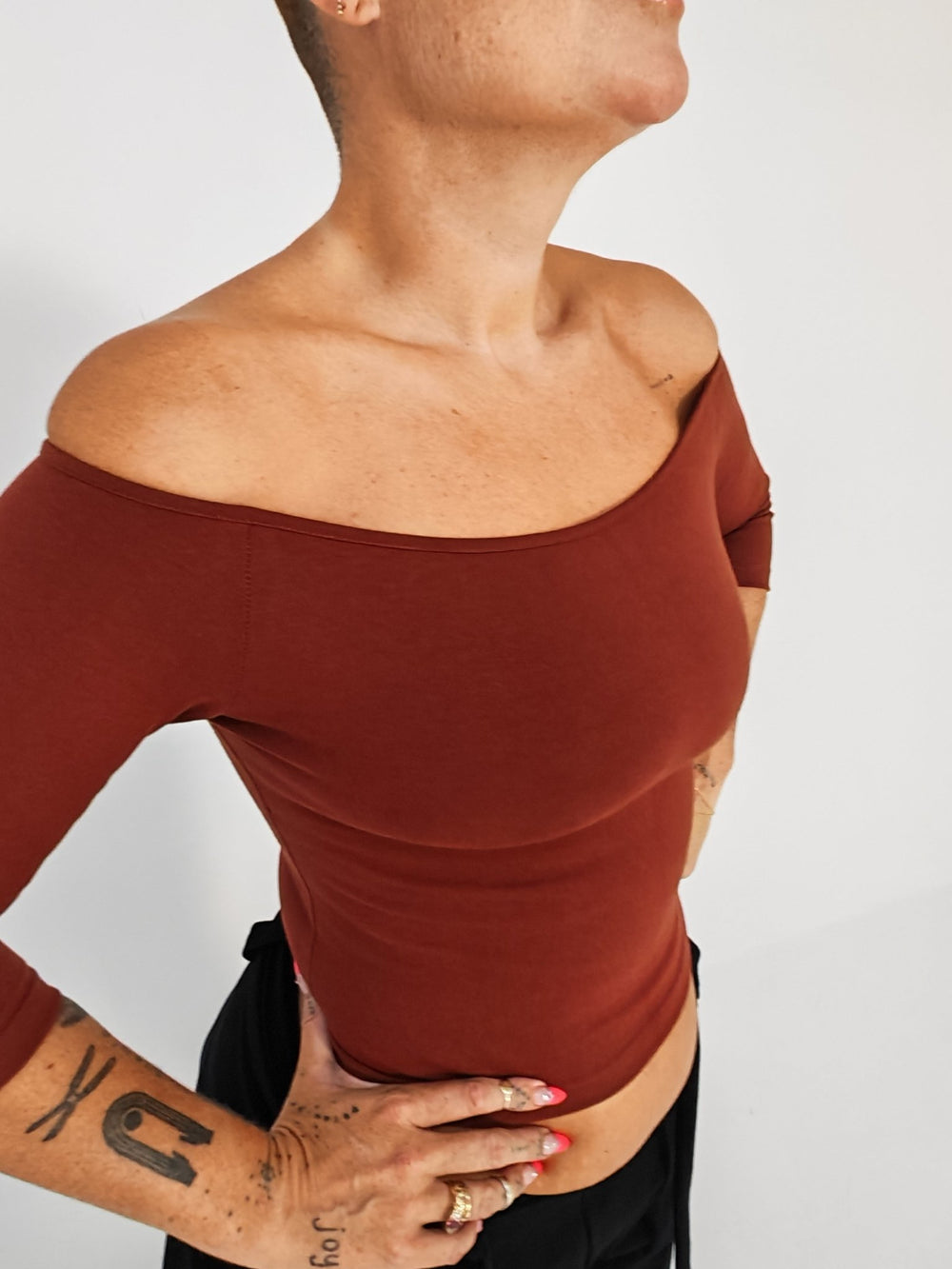 Bardot Mid Crop Top in Paprika - Manners London