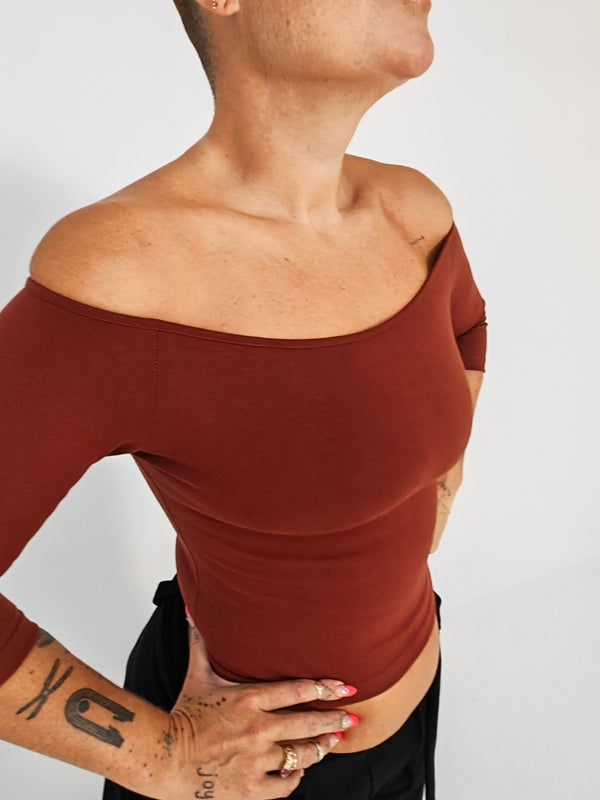 Bardot Mid Crop Top in Paprika - Manners London