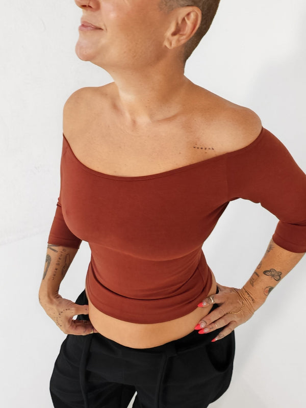 Bardot Mid Crop Top in Paprika - Manners London