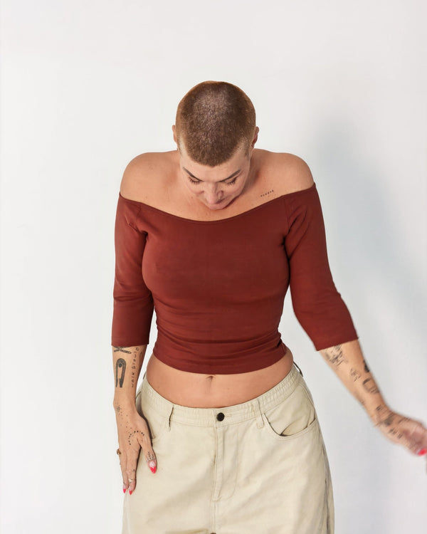 Bardot Mid Crop Top in Paprika - Manners London