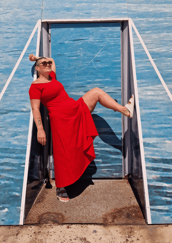 Bardot Midi A - Line Dress in Pomegranate Red - Manners London