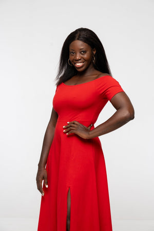 Bardot Midi A - Line Dress in Pomegranate Red - Manners London