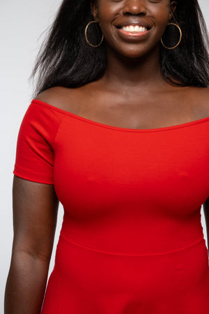 Bardot Midi A - Line Dress in Pomegranate Red - Manners London