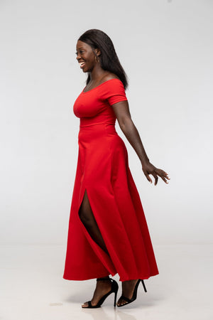 Bardot Midi A - Line Dress in Pomegranate Red - Manners London