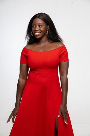 Bardot Midi A - Line Dress in Pomegranate Red - Manners London