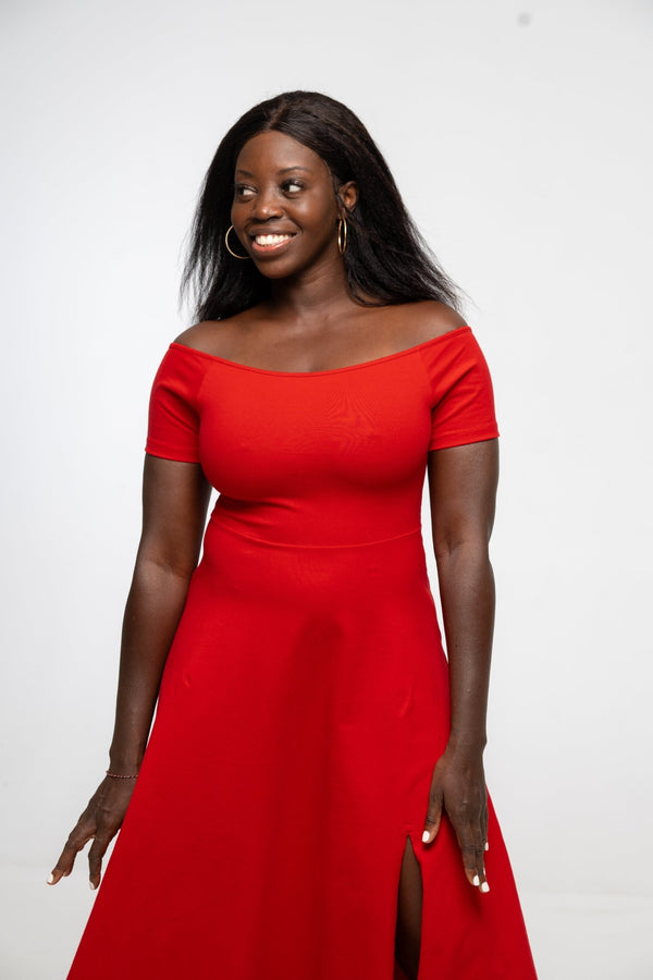 Bardot Midi A - Line Dress in Pomegranate Red - Manners London