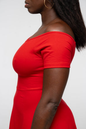 Bardot Midi A - Line Dress in Pomegranate Red - Manners London