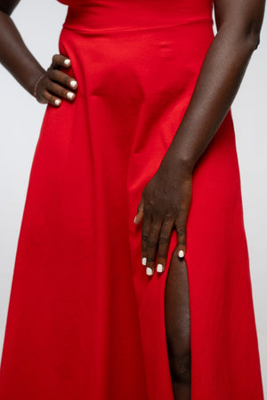 Bardot Midi A - Line Dress in Pomegranate Red - Manners London