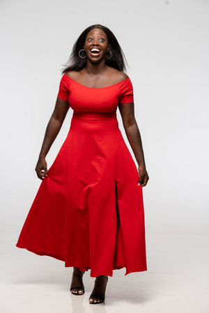 Bardot Midi A - Line Dress in Pomegranate Red - Manners London