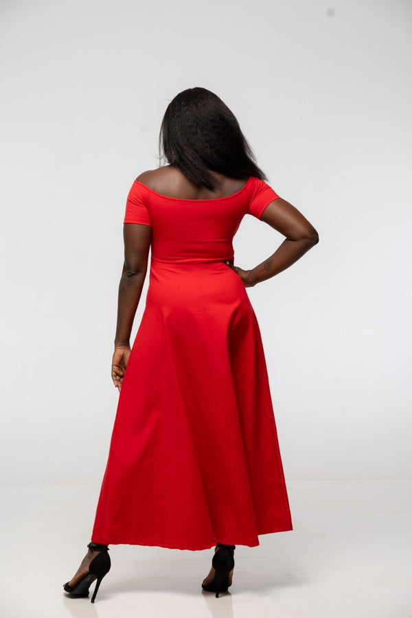 Bardot Midi A - Line Dress in Pomegranate Red - Manners London