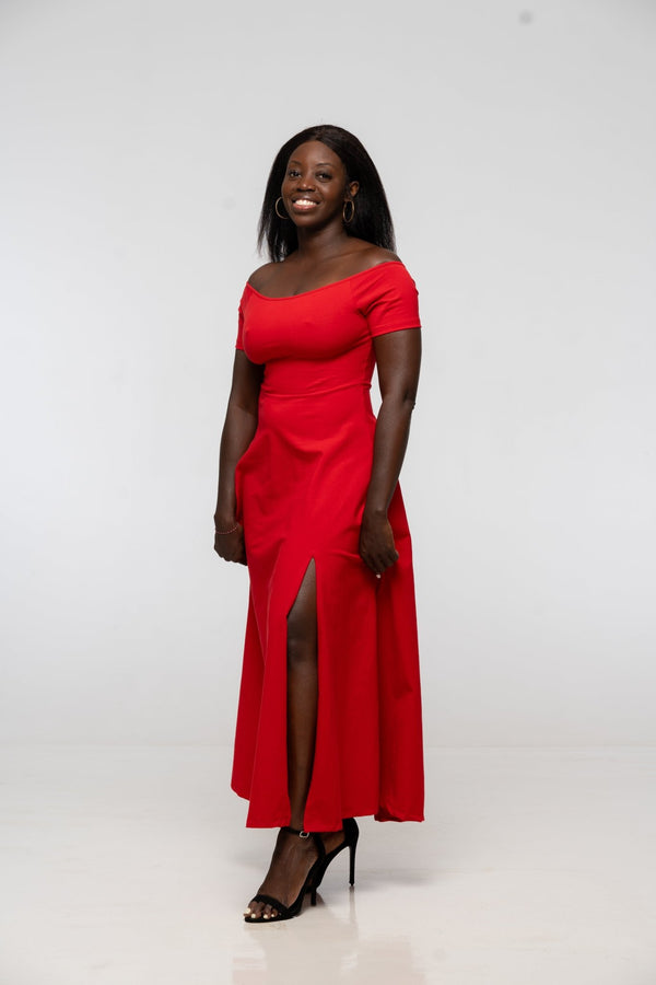 Bardot Midi A - Line Dress in Pomegranate Red - Manners London