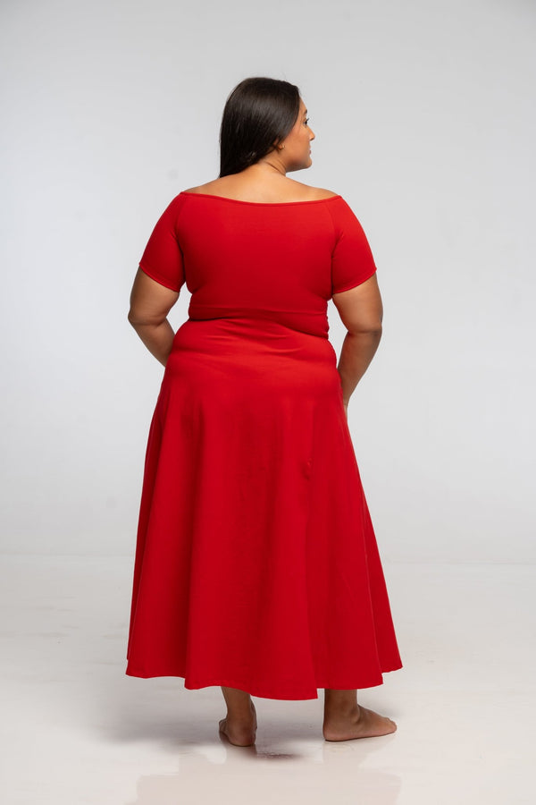 Bardot Midi A - Line Dress in Pomegranate Red - Manners London
