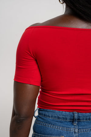 Bardot Short Sleeve Mid Crop Top in Pomegranate Red - Manners London