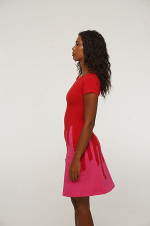 Bizi Mini Dress Boat neck in Red and Pink - Manners London