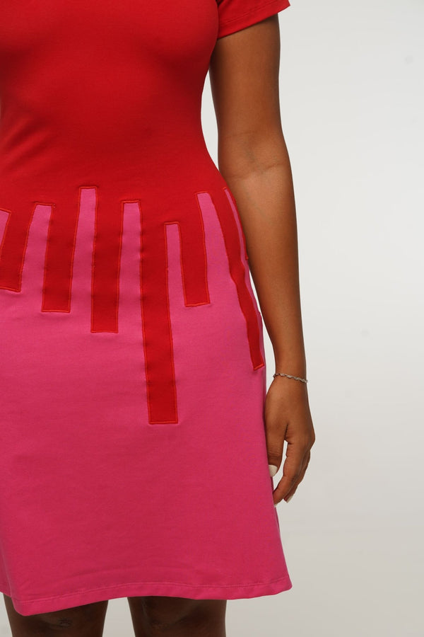 Bizi Mini Dress Boat neck in Red and Pink - Manners London