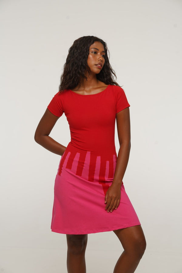 Bizi Mini Dress Boat neck in Red and Pink - Manners London