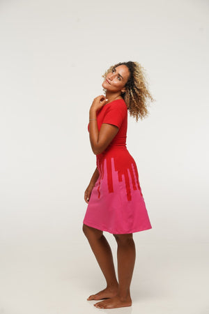 Bizi Mini Dress Boat neck in Red and Pink - Manners London