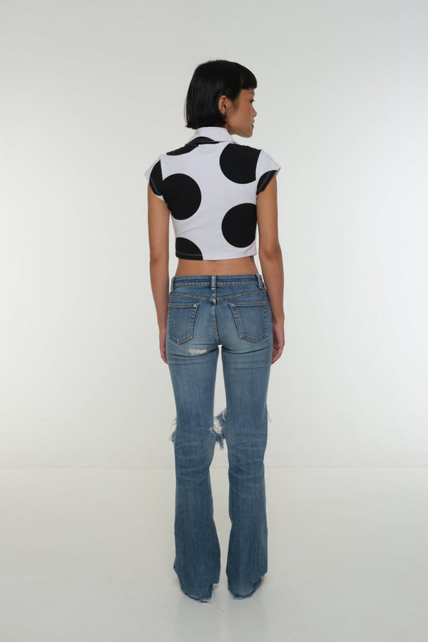 Button Mid Crop Top check sleeve in Polka Dot - Manners London