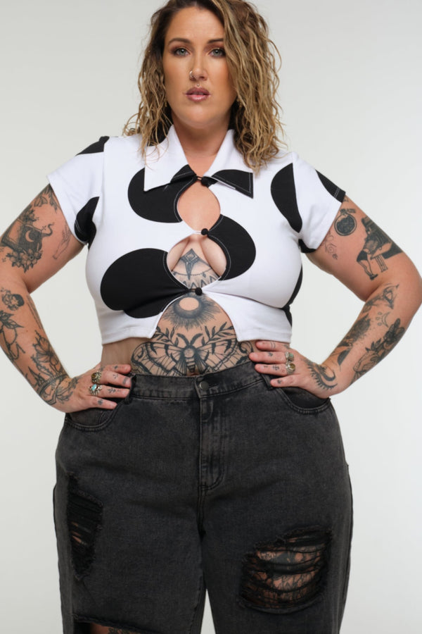 Button Mid Crop Top check sleeve in Polka Dot - Manners London