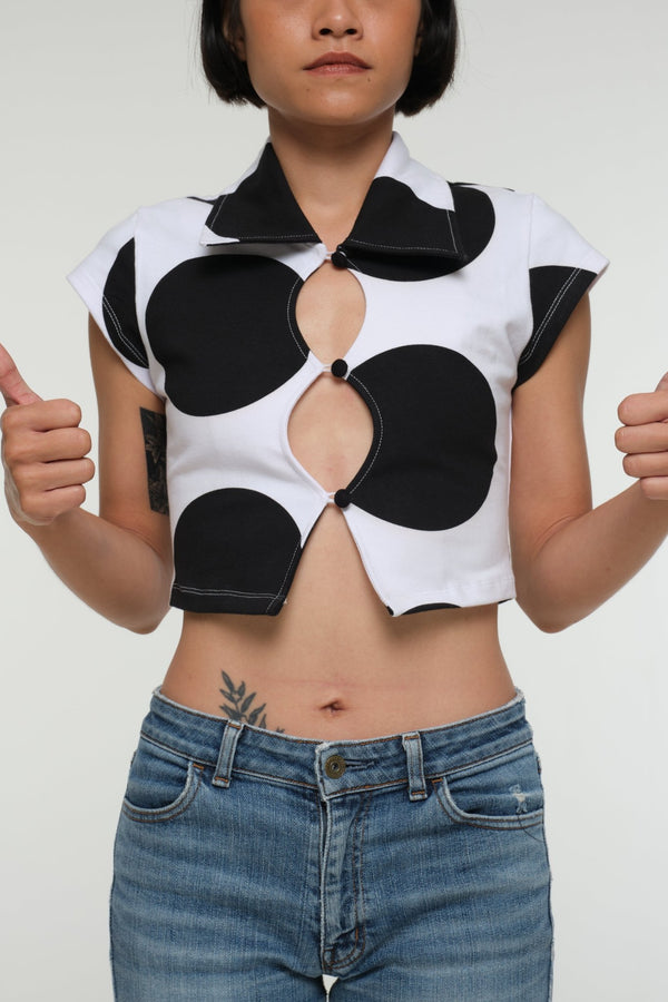Button Mid Crop Top check sleeve in Polka Dot - Manners London