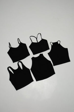 CORE CROP 5 PACK: Crop Vest / Scoop Crop Vest / EKA Racer crop/ Iza Crop Vest / Shinni Neck crop in Black - Manners London