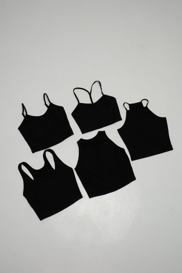 CORE CROP 5 PACK: Crop Vest / Scoop Crop Vest / EKA Racer crop/ Iza Crop Vest / Shinni Neck crop in Black - Manners London