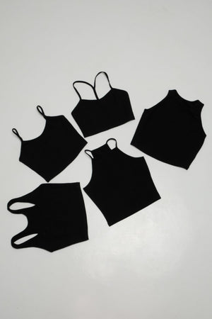 CORE CROP 5 PACK: Crop Vest / Scoop Crop Vest / EKA Racer crop/ Iza Crop Vest / Shinni Neck crop in Black - Manners London
