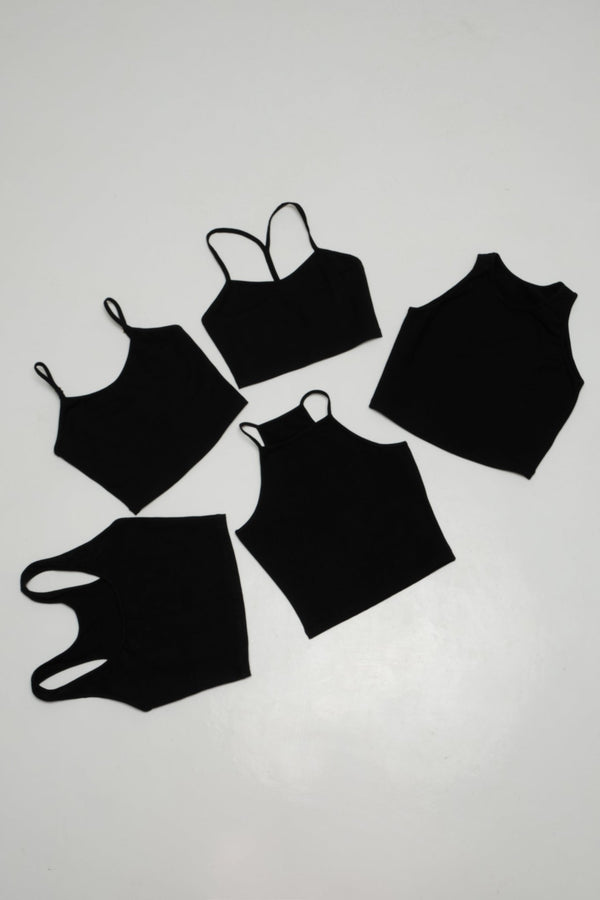 CORE CROP 5 PACK: Crop Vest / Scoop Crop Vest / EKA Racer crop/ Iza Crop Vest / Shinni Neck crop in Black - Manners London