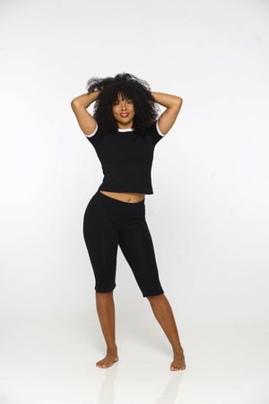 Core Tee Mid Crop Top in Black with White Rib - Manners London