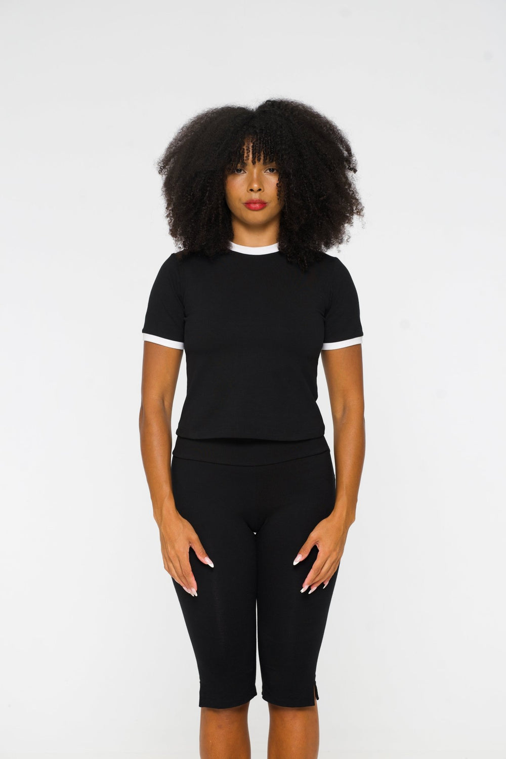 Core Tee Mid Crop Top in Black with White Rib - Manners London