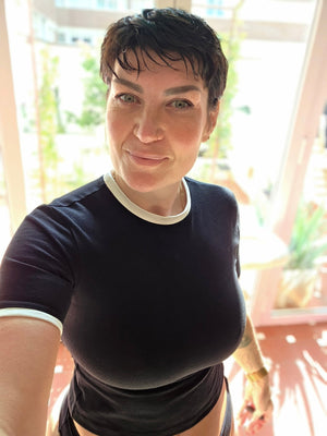 Core Tee Mid Crop Top in Black with White Rib - Manners London
