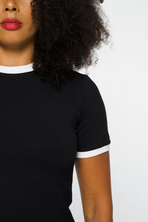 Core Tee Mid Crop Top in Black with White Rib - Manners London